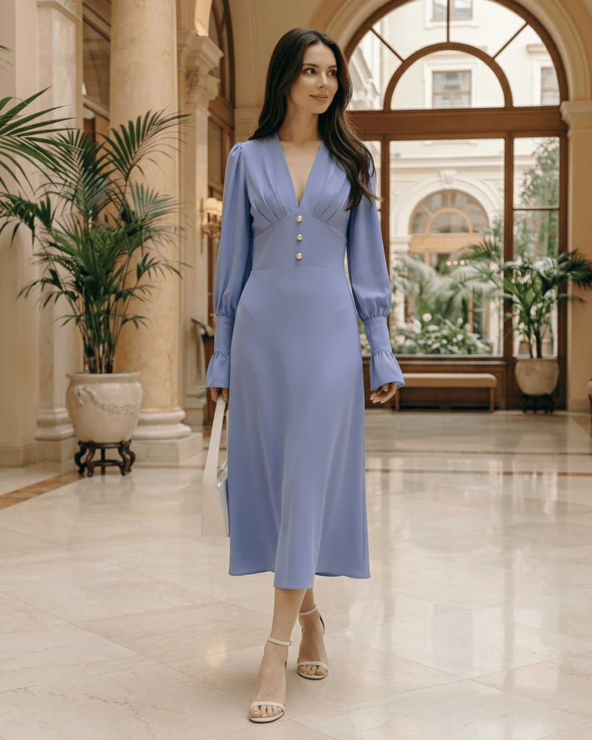 Selene Midi Dress in light blue, featuring a deep V-neck, long lantern sleeves, and elegant polished finish by Lauven.