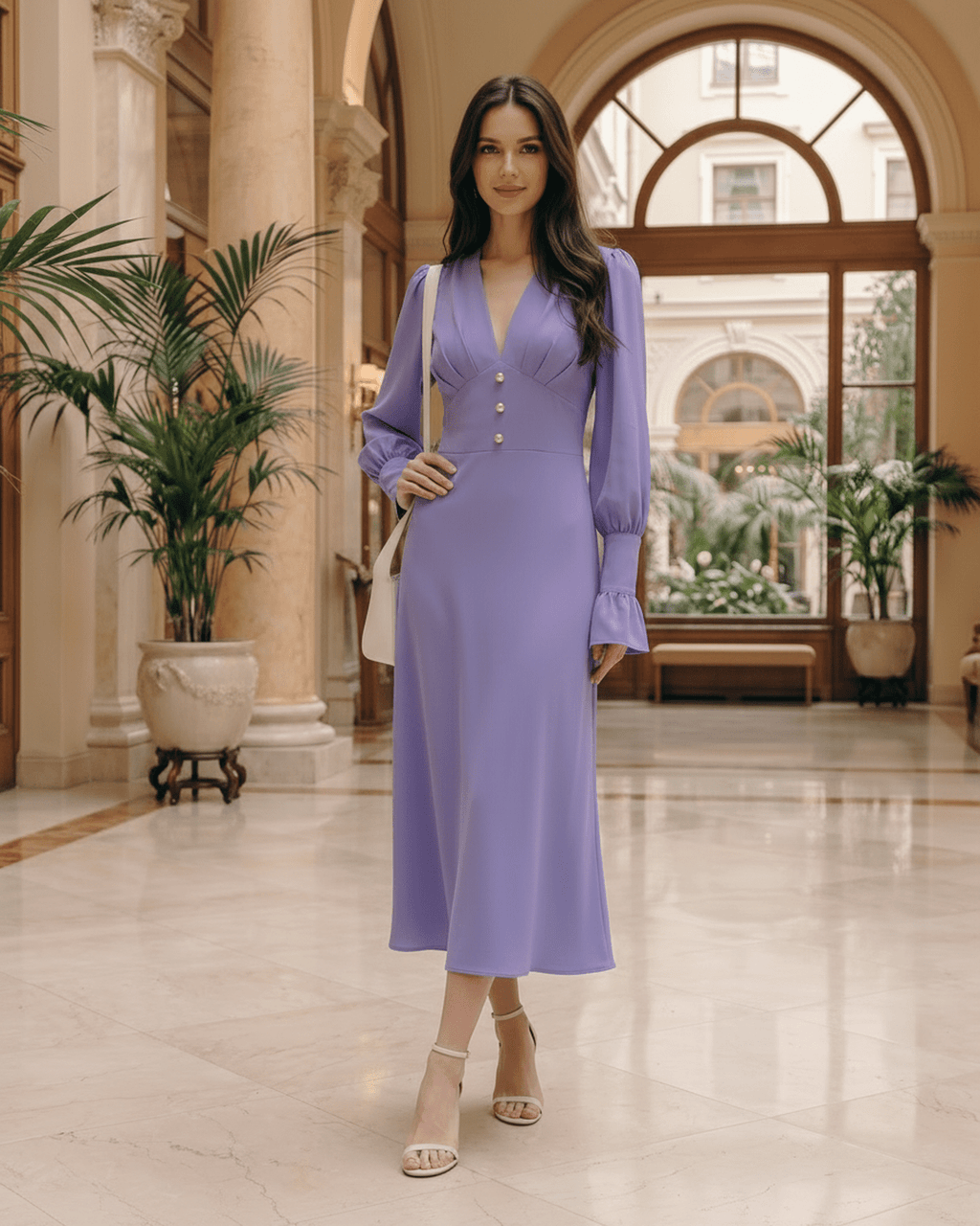 Selene Midi Dress in lavender, featuring a V-neck, long lantern sleeves, and elegant flared skirt by Lauven.