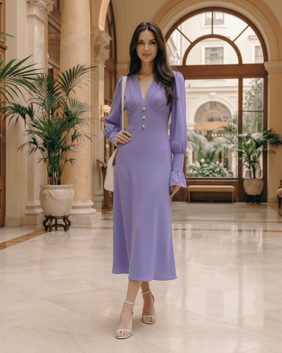 Selene Midi Dress in lavender, featuring a V-neck, long lantern sleeves, and elegant flared skirt by Lauven.