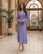 Selene Midi Dress in lavender, featuring V-neck, long lantern sleeves, and a refined silhouette by Lauven.