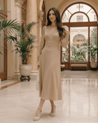 Elegant Selene Midi Dress with V-neck, long lantern sleeves, and smooth drape from Lauven brand.