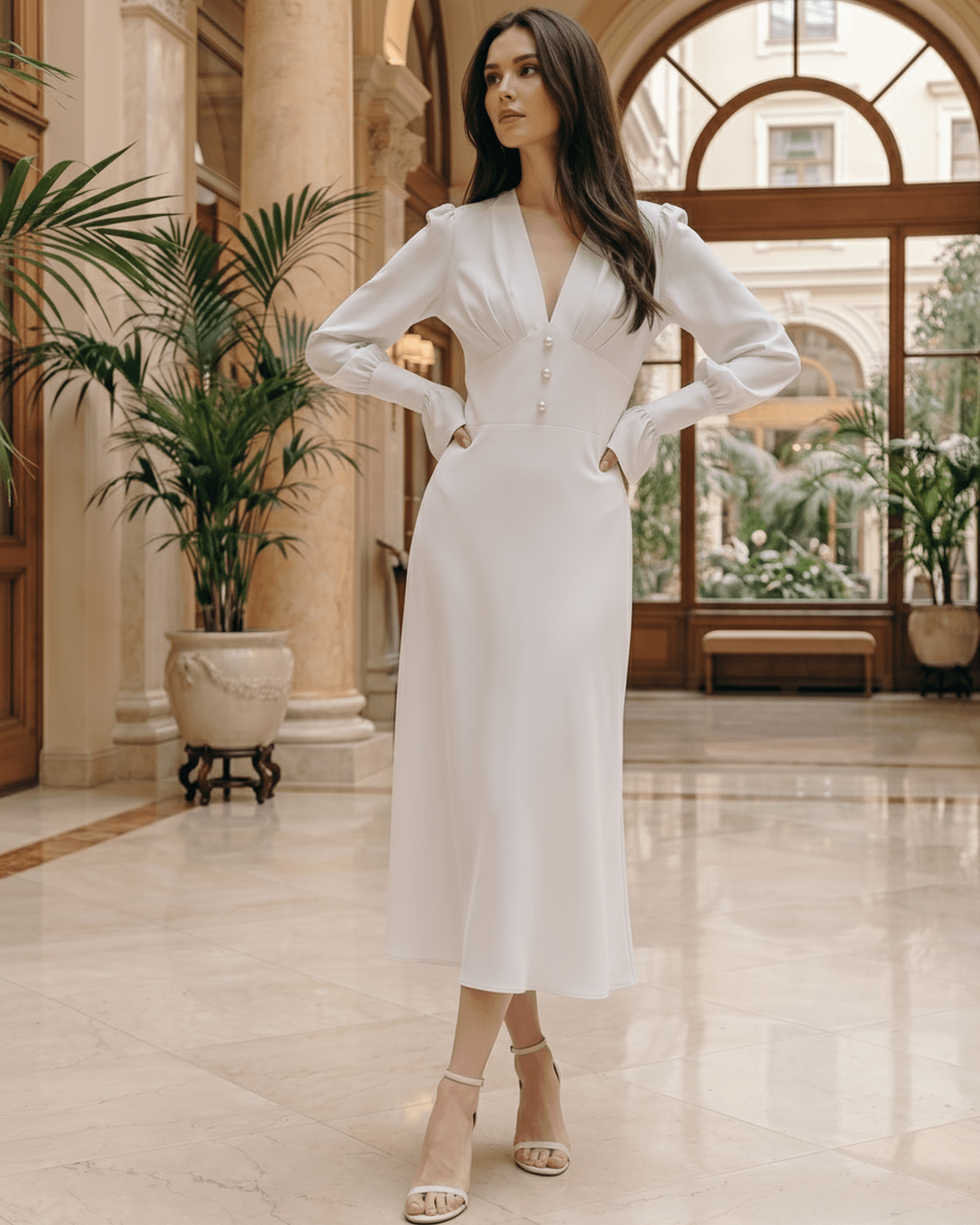 Selene Midi Dress in white, featuring a deep V-neck, long lantern sleeves, and elegant high-waist design by Lauven.
