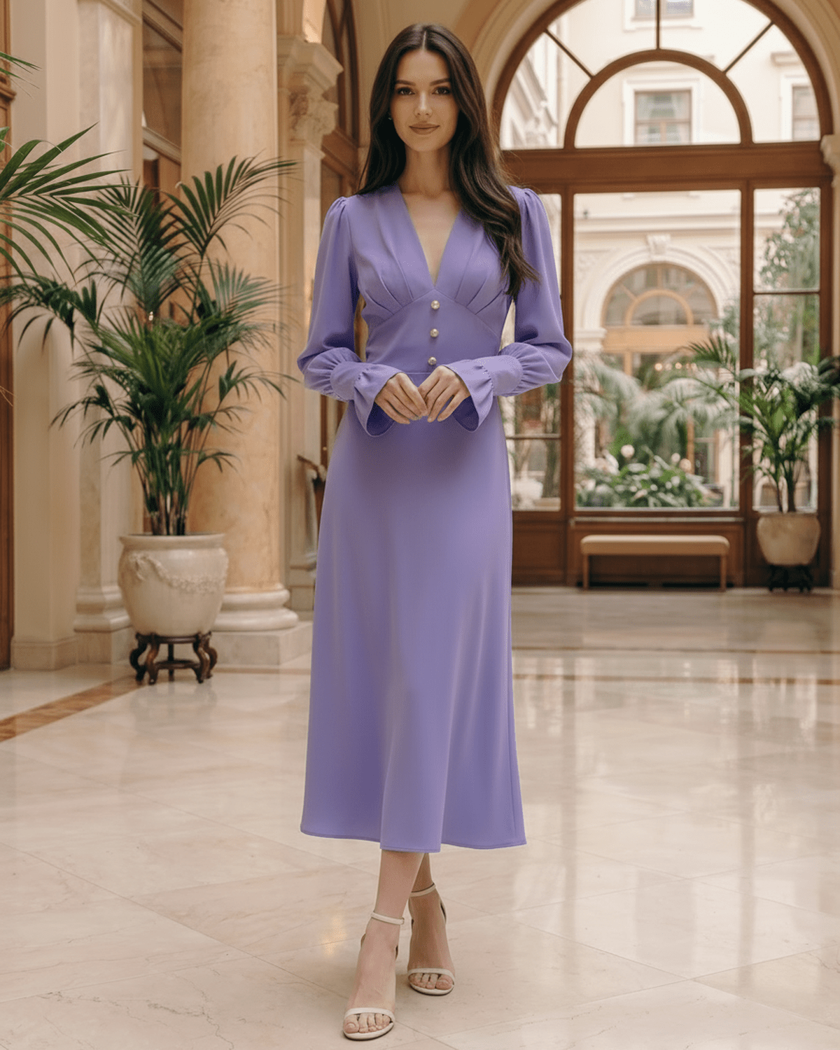 Selene Midi Dress by Lauven, purple polyester dress with V-neck, long lantern sleeves, elegant flared skirt.