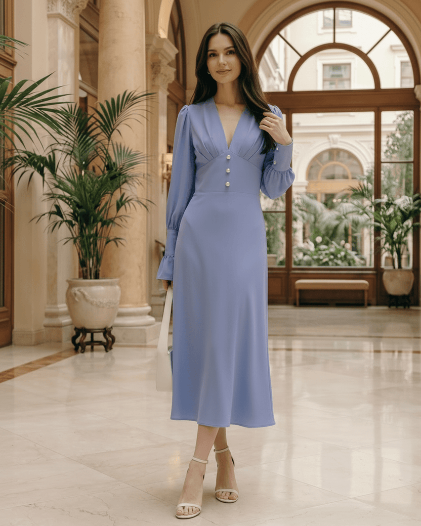 Selene Midi Dress by Lauven, featuring a polyester material, V-neck, flared skirt, and elegant long lantern sleeves.