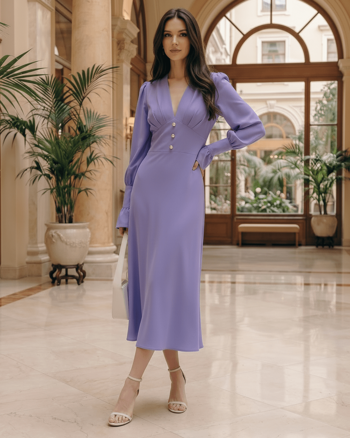 Elegant Selene Midi Dress by Lauven, featuring a V-neck, lantern sleeves, and a charming flow for modern occasions.