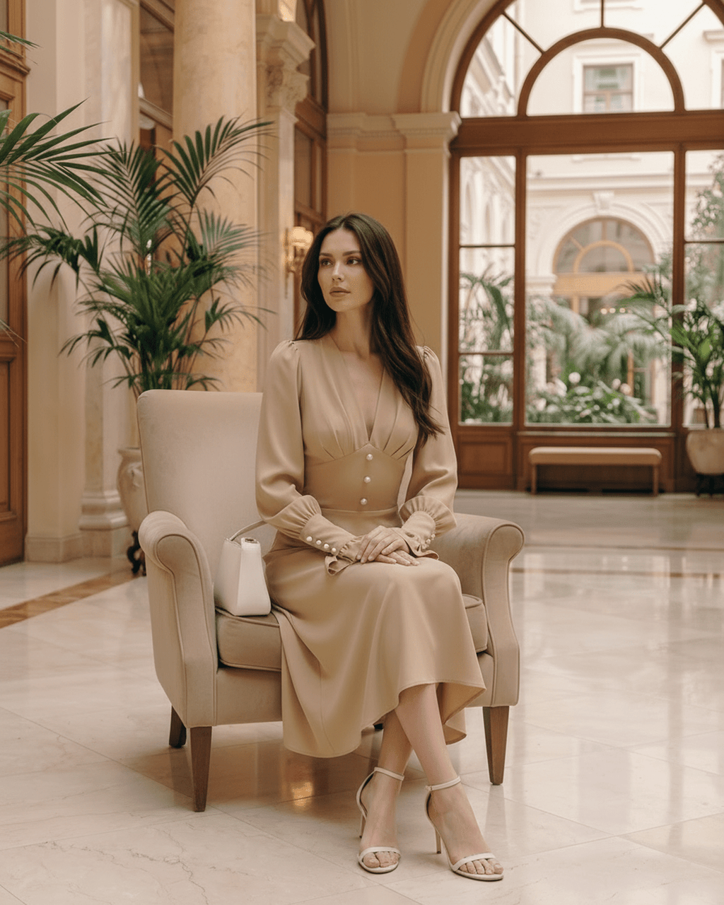 Selene Midi Dress from Lauven, elegant V-neck with long lantern sleeves, polished high-waist seam and flared skirt.