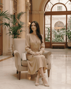 Selene Midi Dress from Lauven, elegant V-neck with long lantern sleeves, polished high-waist seam and flared skirt.