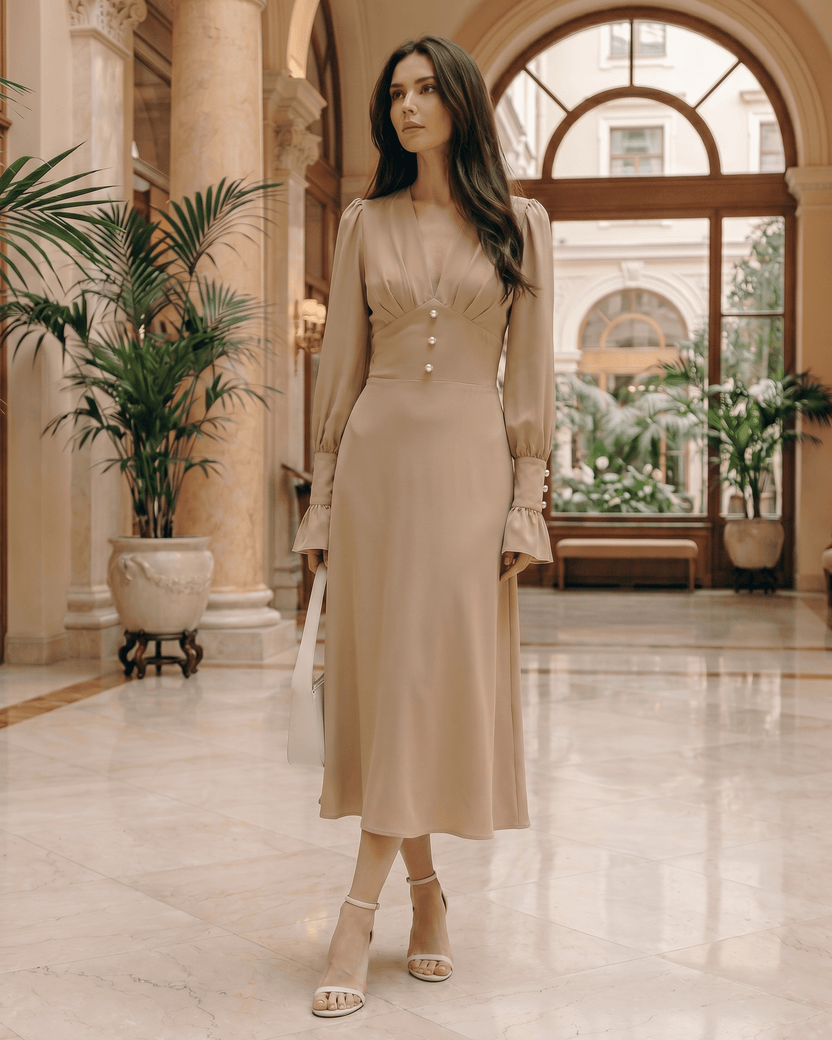 Selene Midi Dress in beige, featuring a deep V-neck, long lantern sleeves, and a polished silhouette by Lauven.