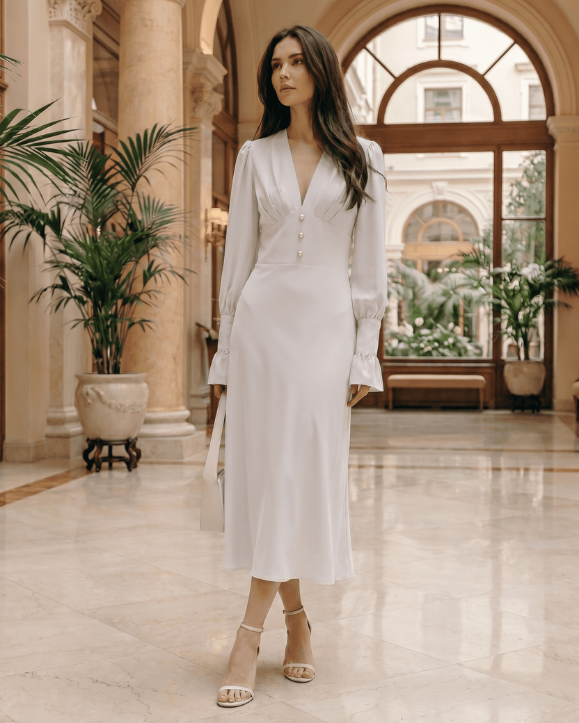 Selene Midi Dress featuring a deep V-neck, long lantern sleeves, luxurious polyester, and a polished silhouette by Lauven.