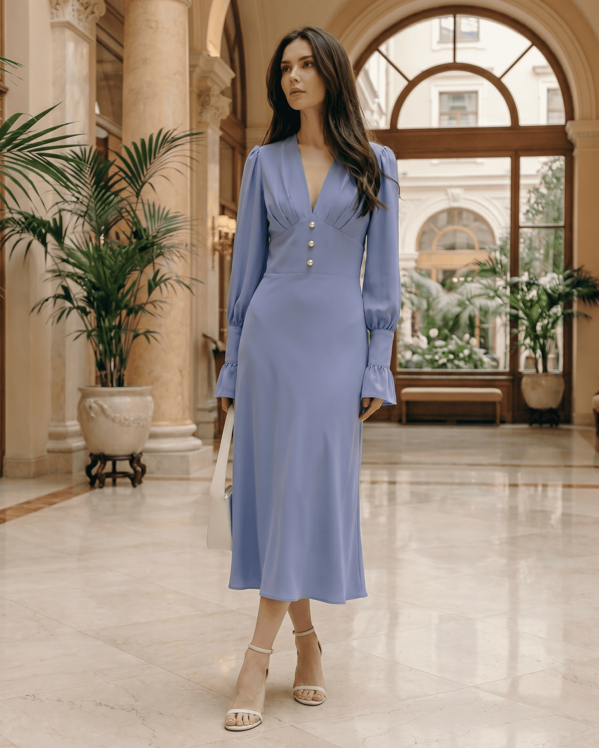 Selene Midi Dress in blue, featuring a deep V-neck, lantern sleeves, and a polished, elegant silhouette by Lauven.