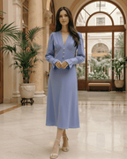 Selene Midi Dress in blue, featuring V-neck, lantern sleeves, and elegant high-waist design from Lauven.