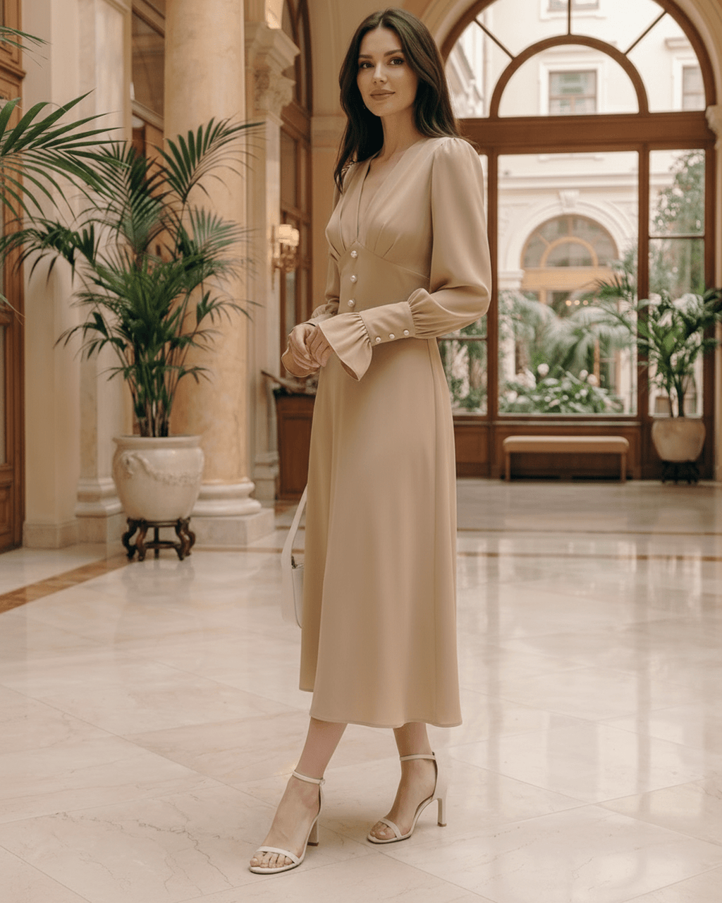 Selene Midi Dress in elegant beige, featuring V-neck, long lantern sleeves, and polished drape by Lauven.