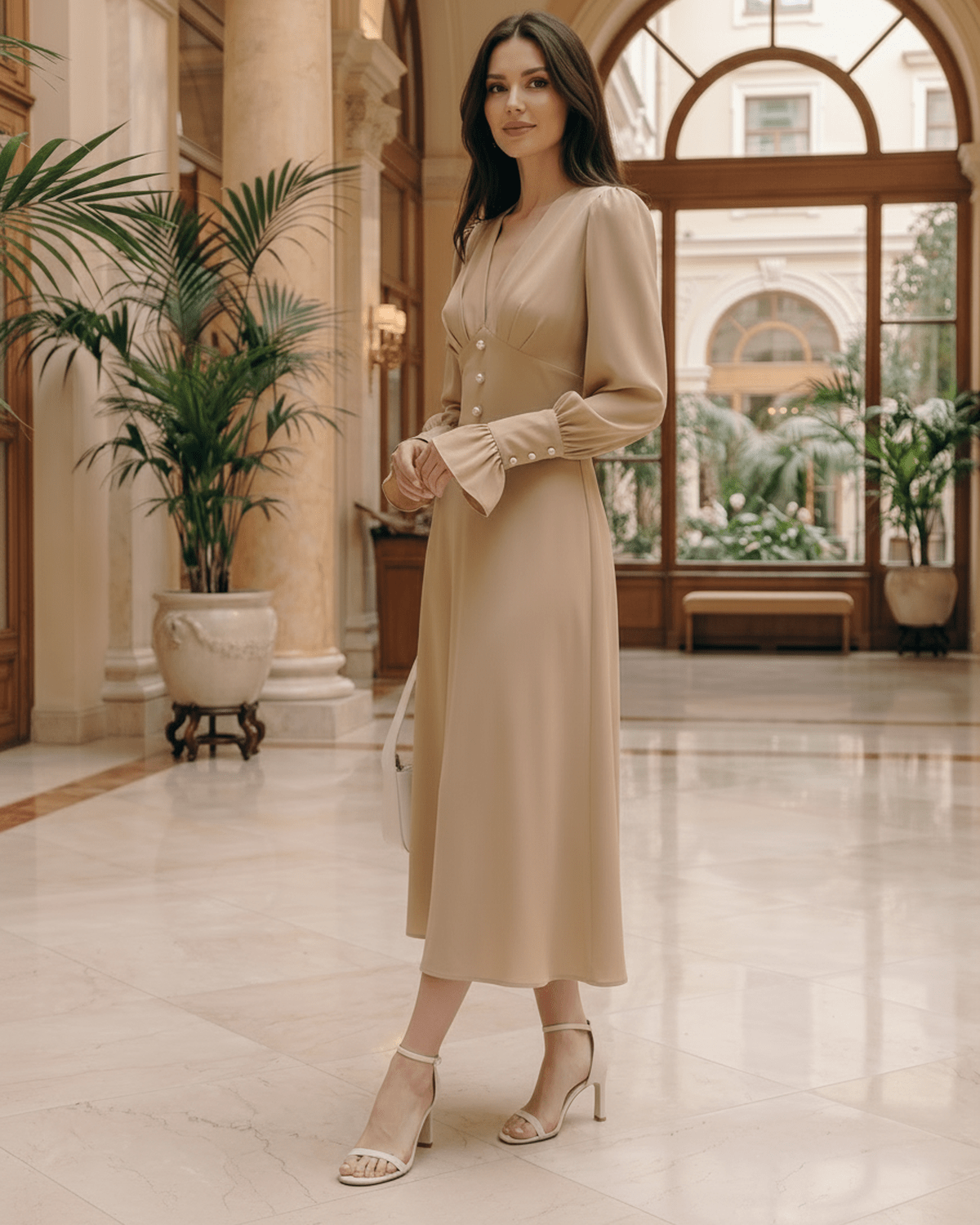 Selene Midi Dress in elegant beige, featuring V-neck, long lantern sleeves, and polished drape by Lauven.