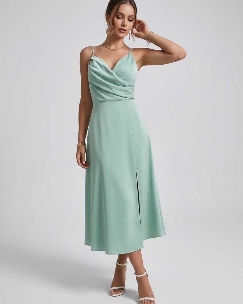 Selene Midi Dress with satin elegance, draped bodice, spaghetti straps, and flared skirt by Lauven.