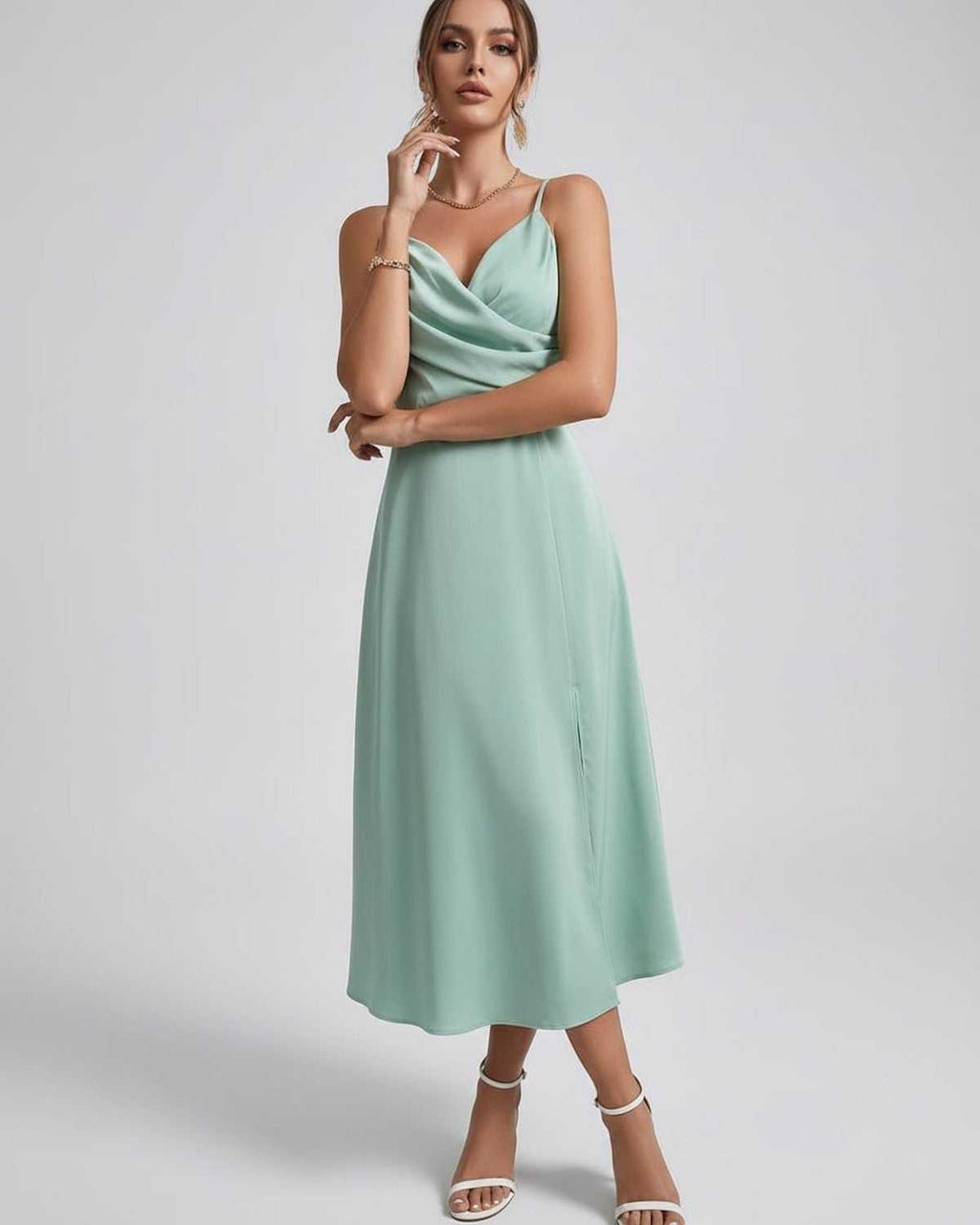 Selene Midi Dress in mint green, with satin elegance, refined spaghetti straps, perfect for weddings and cocktail events.