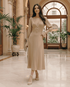 Selene Midi Dress by Lauven, elegant polyester, V-neck, high-waist, softly flared skirt, modern occasion wear.