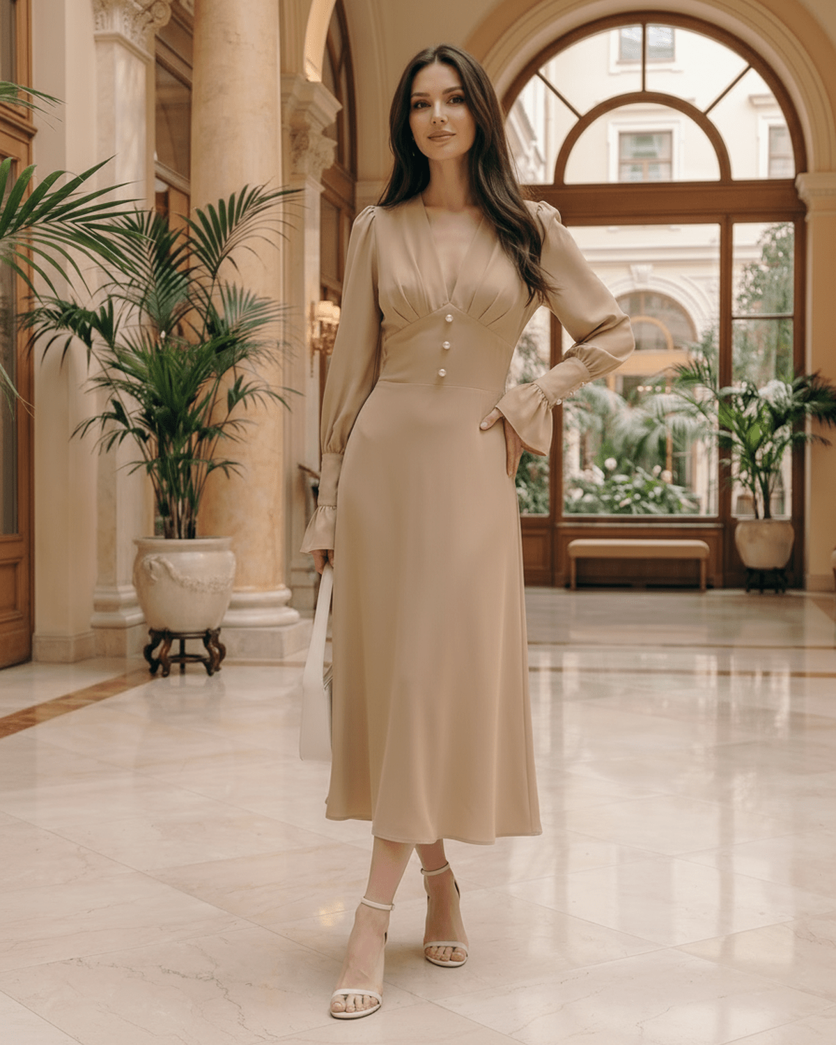 Selene Midi Dress by Lauven, elegant polyester, V-neck, high-waist, softly flared skirt, modern occasion wear.