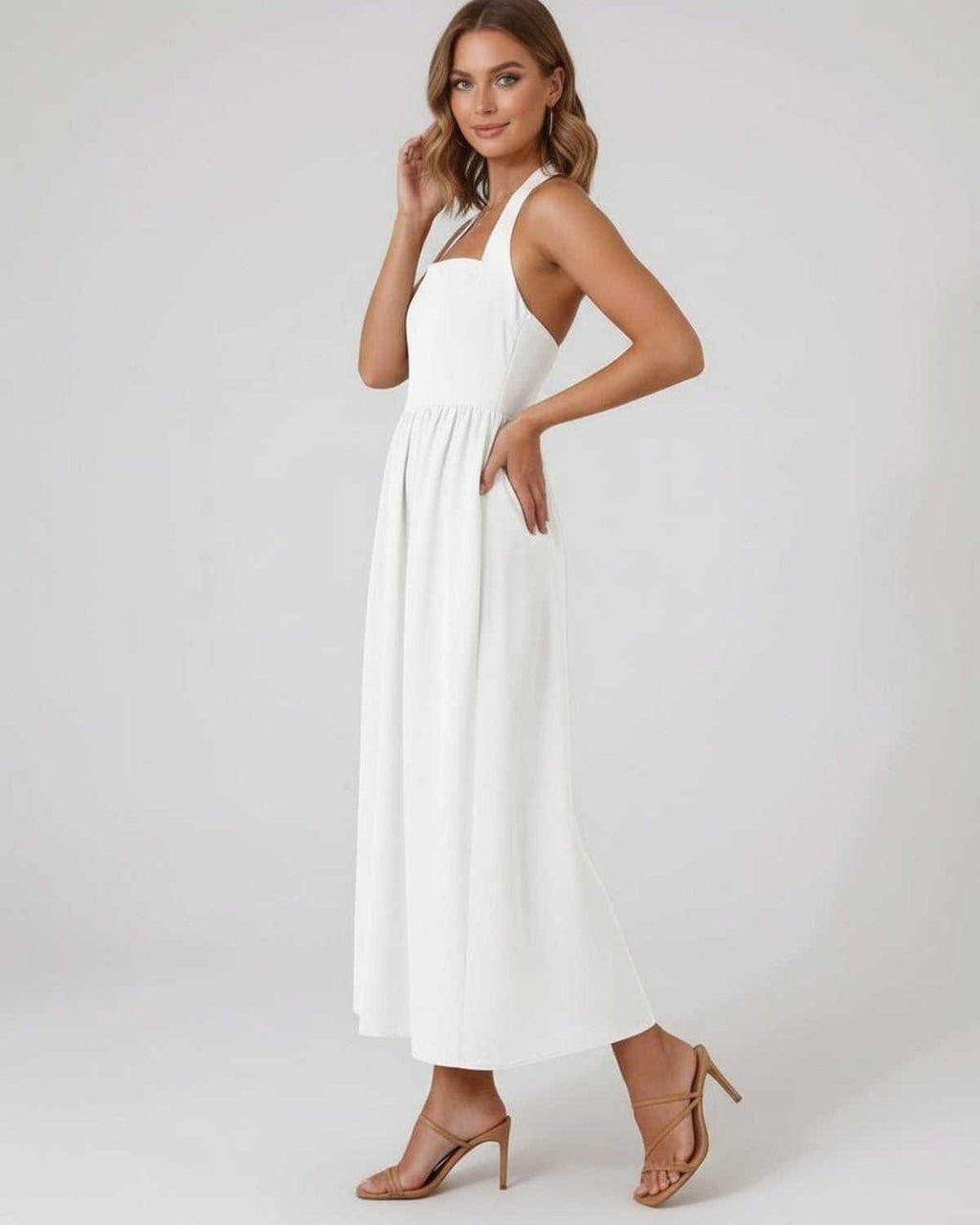 Selene Midi Dress - White halter midi dress by Lauven, featuring elegant A-line flow, flattering silhouette, and modern femininity.