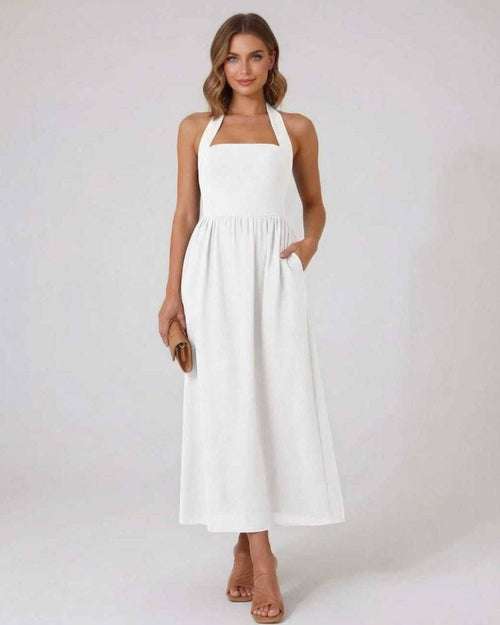 Selene Midi Dress - White Halter Midi Dress by Lauven with A-Line flow for modern femininity and elegance.