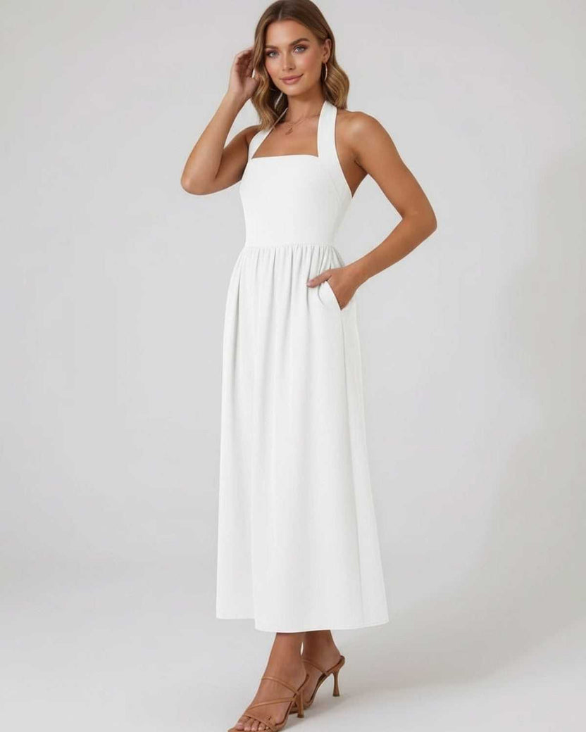 Selene Midi Dress - White Halter Midi Dress with A-Line Flow by Lauven, perfect for modern femininity and effortless sophistication.