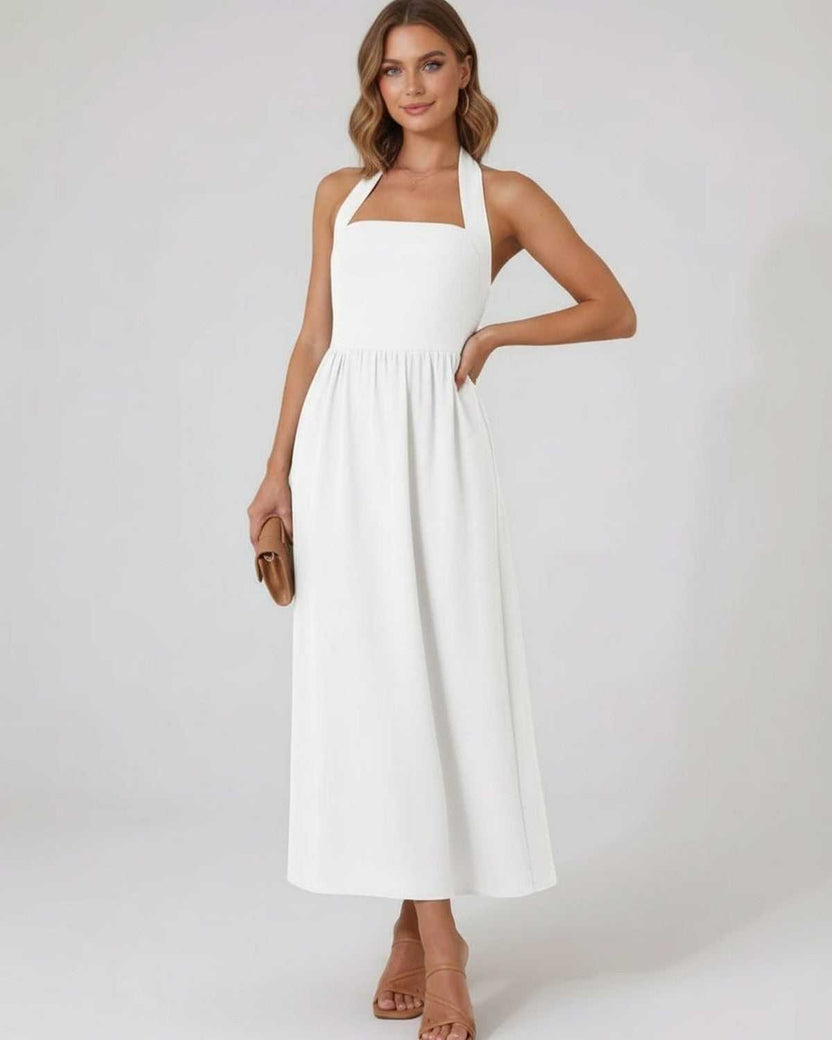 Selene Midi Dress - White halter elegant A-line midi dress by Lauven for modern femininity and effortless sophistication.