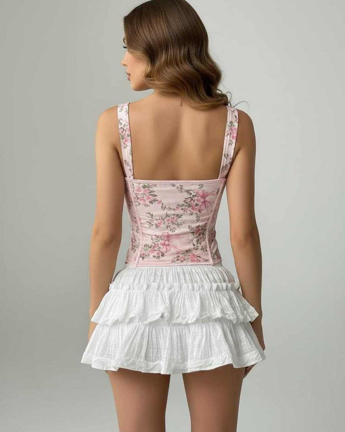Seraphina Corset Top by Lauven, featuring a pink floral design with a lace-up back and a stylish white ruffled skirt.