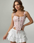 Seraphina Corset Top by Lauven, pink floral lace-up design showcasing a structured silhouette.