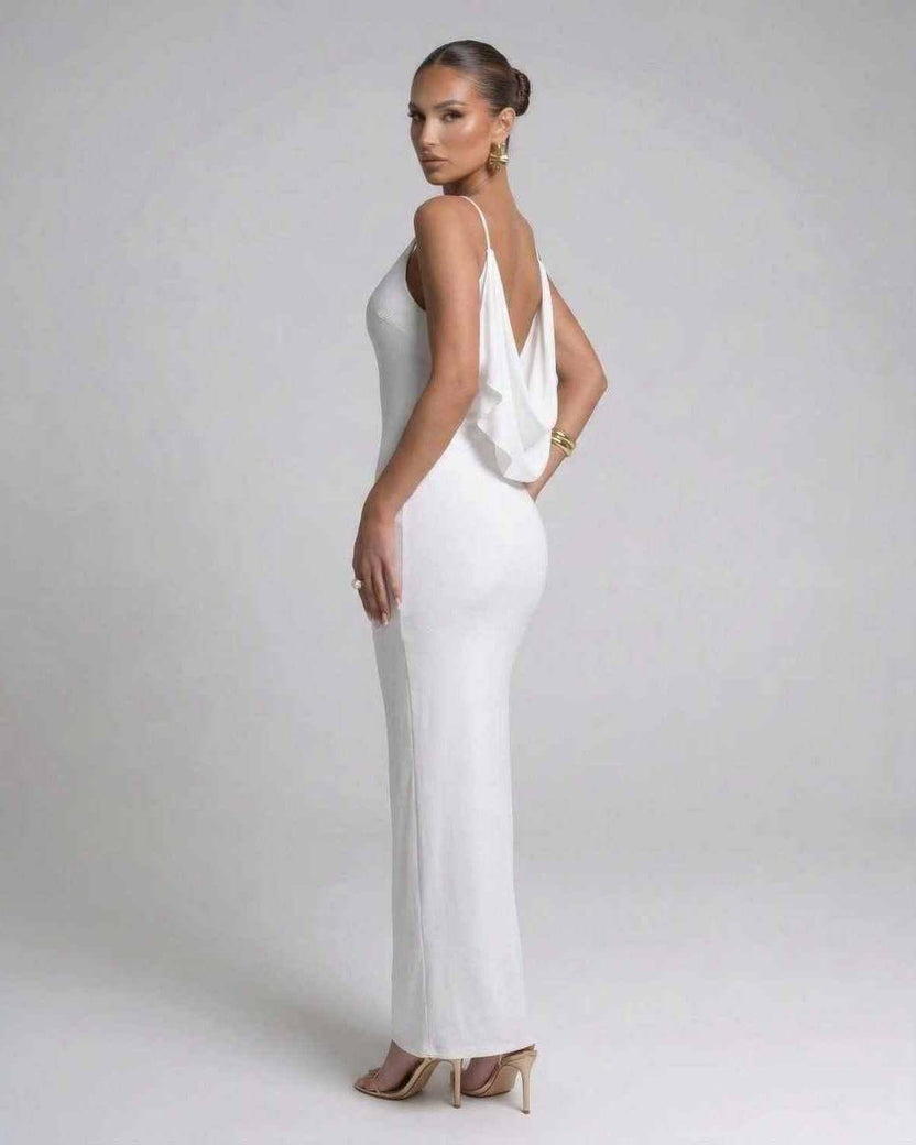 Seraphina Maxi Dress by Lauven, elegant white spaghetti strap dress showcasing a modern silhouette.