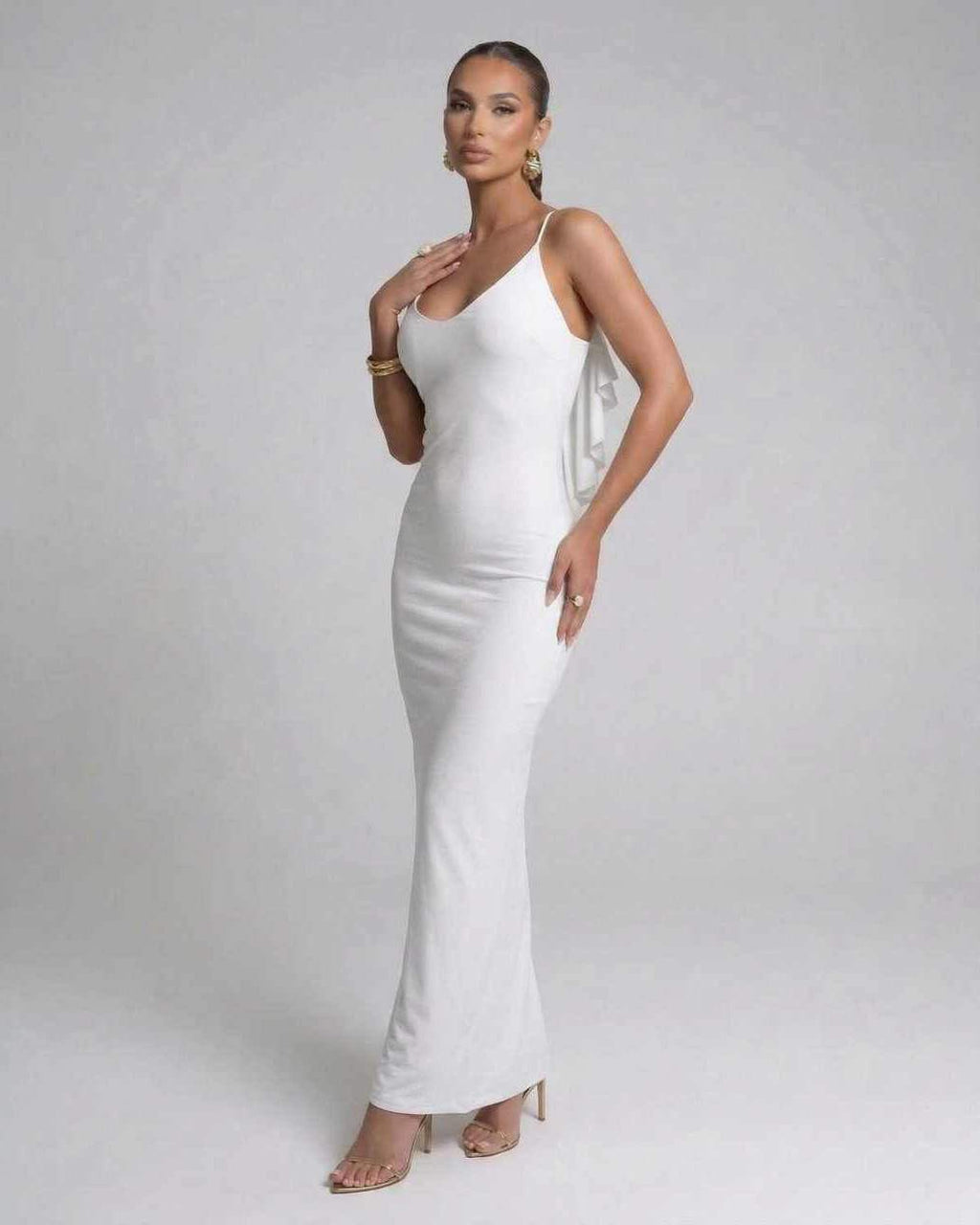 Seraphina Maxi Dress by Lauven, sleek white spaghetti strap evening dress with elegant fit.
