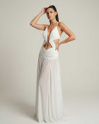 Seraphina Maxi Dress - White Maxi Dress with Deep V-Neck, Cut-Out Detail, and Airy Drape from Lauven.