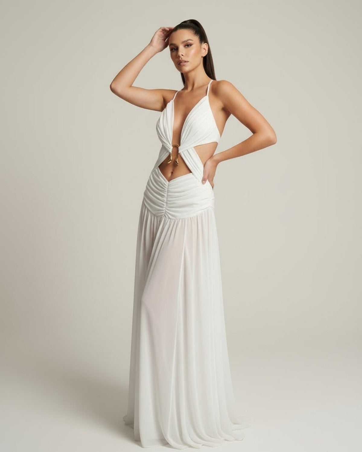 Seraphina Maxi Dress - White Maxi Dress with Deep V-Neck, Cut-Out Detail, and Airy Drape from Lauven.