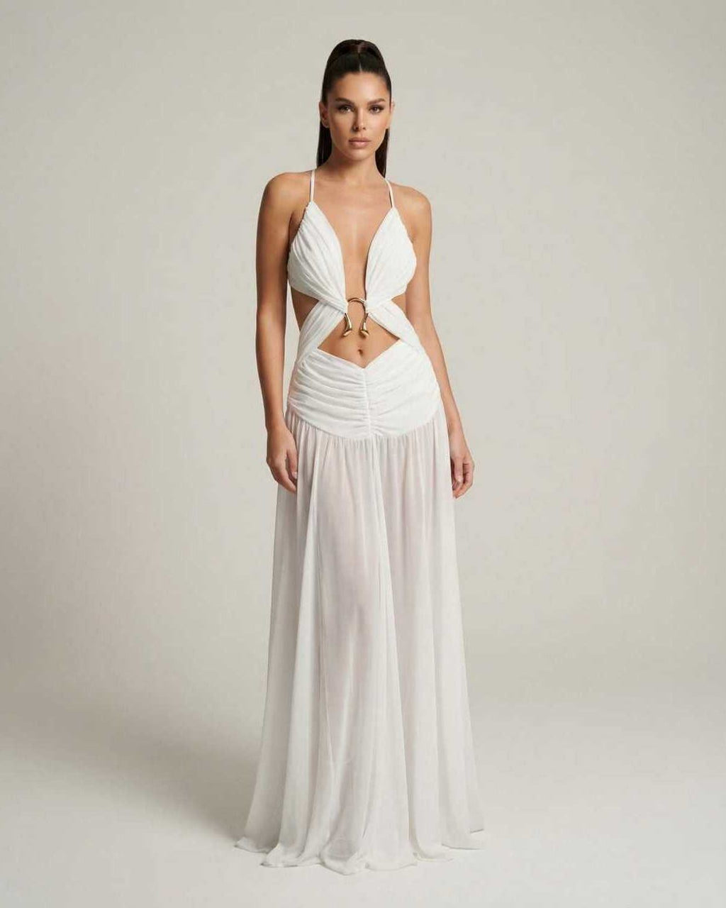 Seraphina Maxi Dress - elegant white maxi dress with deep V-neck, cut-out detail, and flowing silhouette by Lauven.