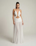 Seraphina Maxi Dress - elegant white maxi dress with deep V-neck, cut-out detail, and flowing silhouette by Lauven.
