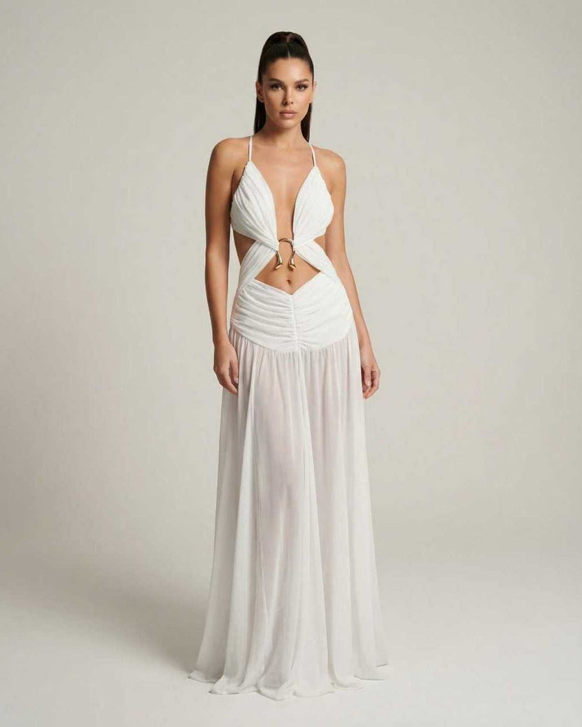 Seraphina Maxi Dress - elegant white maxi dress with deep V-neck, cut-out detail, and flowing silhouette by Lauven.