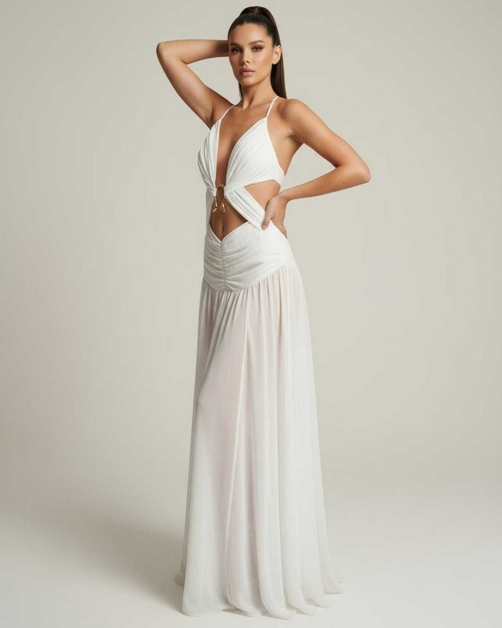 Seraphina Maxi Dress featuring a deep V-neck, cut-out detail, and flowing silhouette by Lauven. Elegant and lightweight.