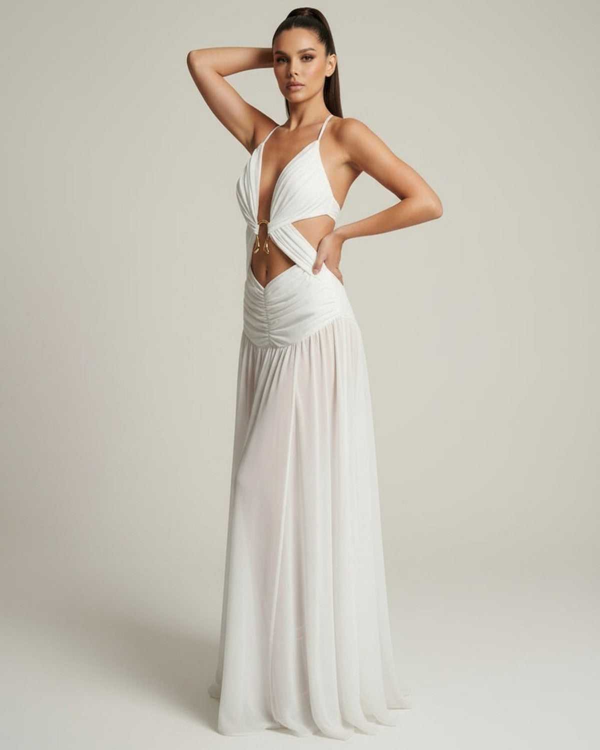 Seraphina Maxi Dress featuring a deep V-neck, cut-out detail, and flowing silhouette by Lauven. Elegant and lightweight.