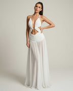 Seraphina Maxi Dress in white with deep V-neck, cut-out detail, and flowing silhouette by Lauven for an elegant look.
