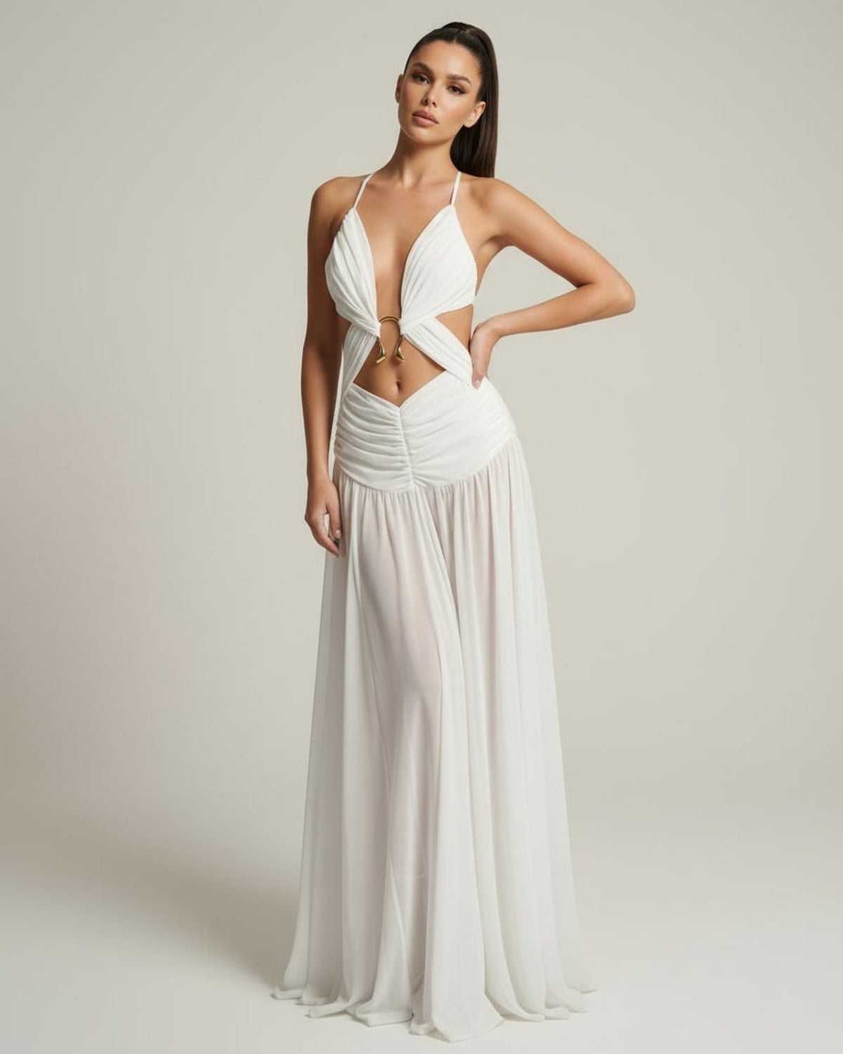 Seraphina Maxi Dress in white with deep V-neck, cut-out detail, and flowing silhouette by Lauven for an elegant look.