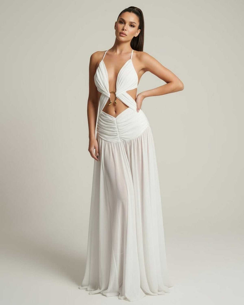 Seraphina Maxi Dress in white with deep V-neck, cut-out detail, and flowing silhouette by Lauven for an elegant look.