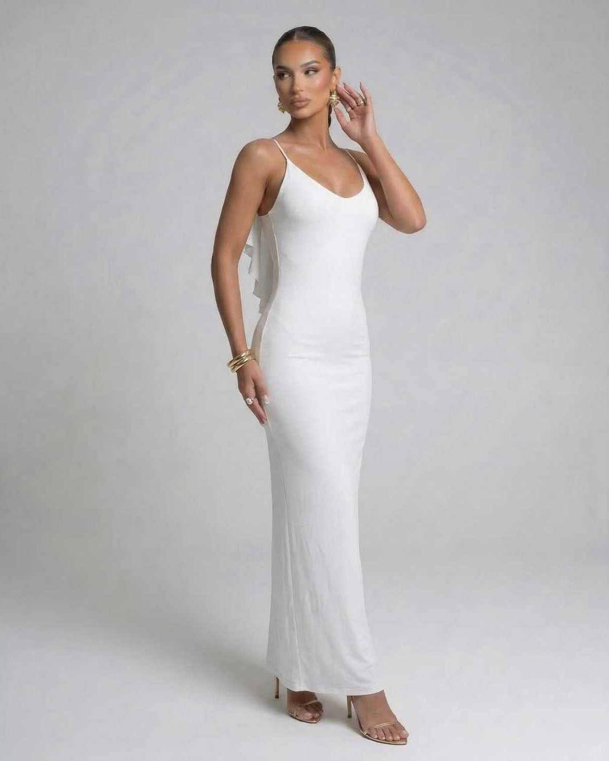 Seraphina Maxi Dress by Lauven, sleek white spaghetti strap evening dress with elegant fit.