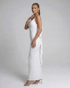 Seraphina Maxi Dress by Lauven — Sleek white spaghetti strap evening dress with elegant tail detail.