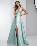 Seraphine Maxi Dress showing mint green satin A-Line design with V-neck and elegant flowing skirt by Lauven.