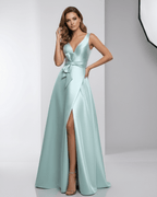 Seraphine Maxi Dress, mint green satin, A-Line, V-Neck, elegant evening gown by Lauven.