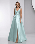 Seraphine Maxi Dress in mint green satin, A-line silhouette with V-neck and bow detail by Lauven, perfect for elegant evenings.