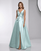 Seraphine Maxi Dress in mint green satin, A-line silhouette with V-neck and bow detail by Lauven, perfect for elegant evenings.