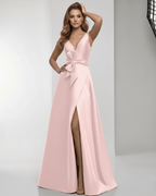 Seraphine Maxi Dress - Pink satin A-Line dress with wrap slit, bow waist, and elegant flow for Lauven brand.