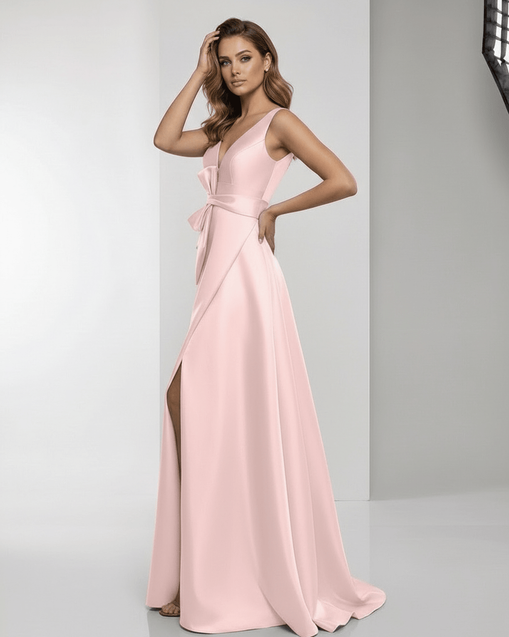 Seraphine Maxi Dress in pink satin with wrap slit, bow waist, and flowing A-line silhouette from Lauven, perfect for formal occasions.