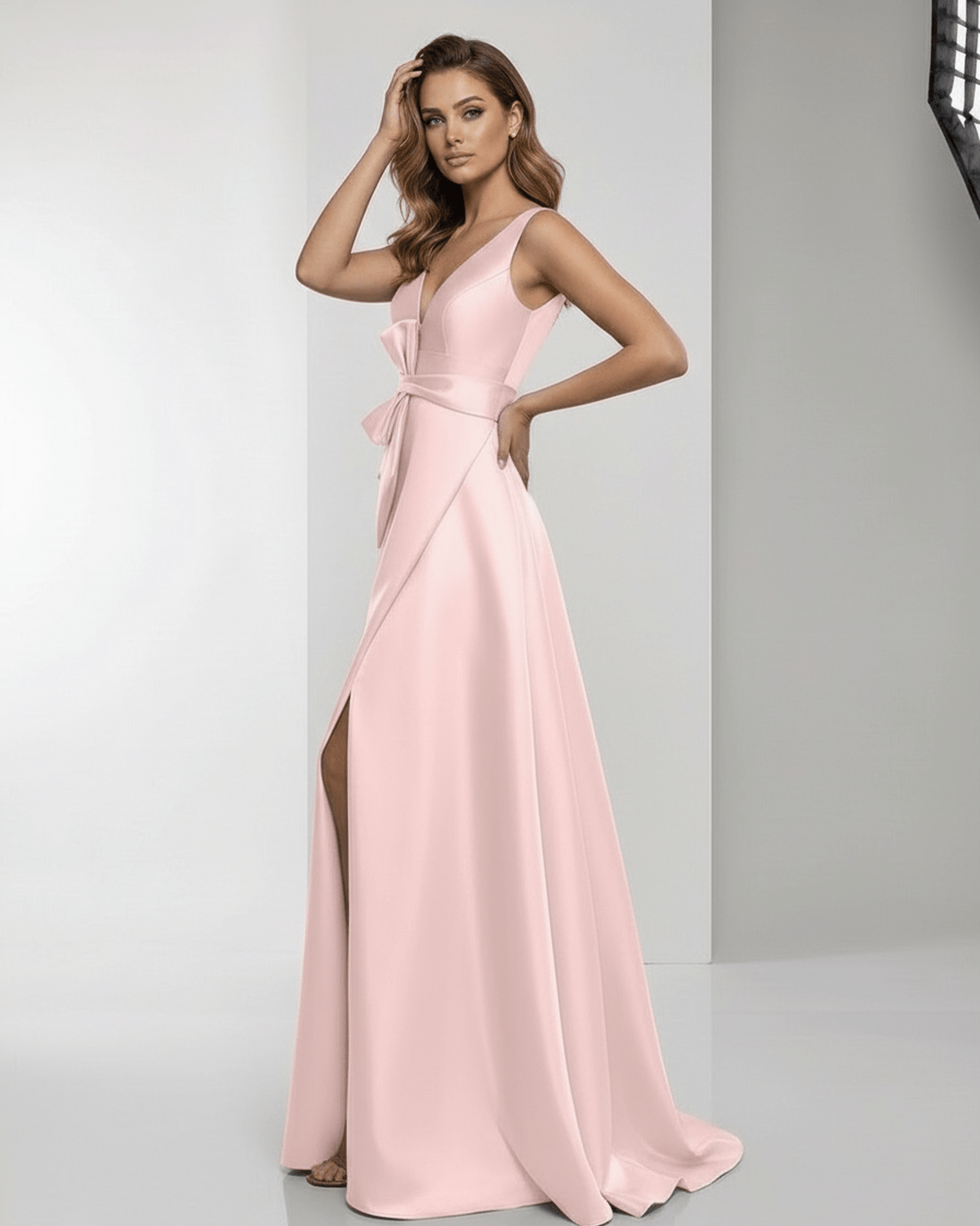 Seraphine Maxi Dress in pink satin with wrap slit, bow waist, and flowing A-line silhouette from Lauven, perfect for formal occasions.