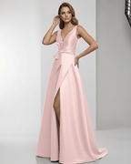 Seraphine Maxi Dress in pink satin, featuring wrap slit, bow waist, A-line silhouette, elegant and sophisticated by Lauven.