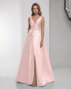 Seraphine Maxi Dress: Elegant pink satin A-line with wrap slit, bow waist, perfect for formal occasions.
